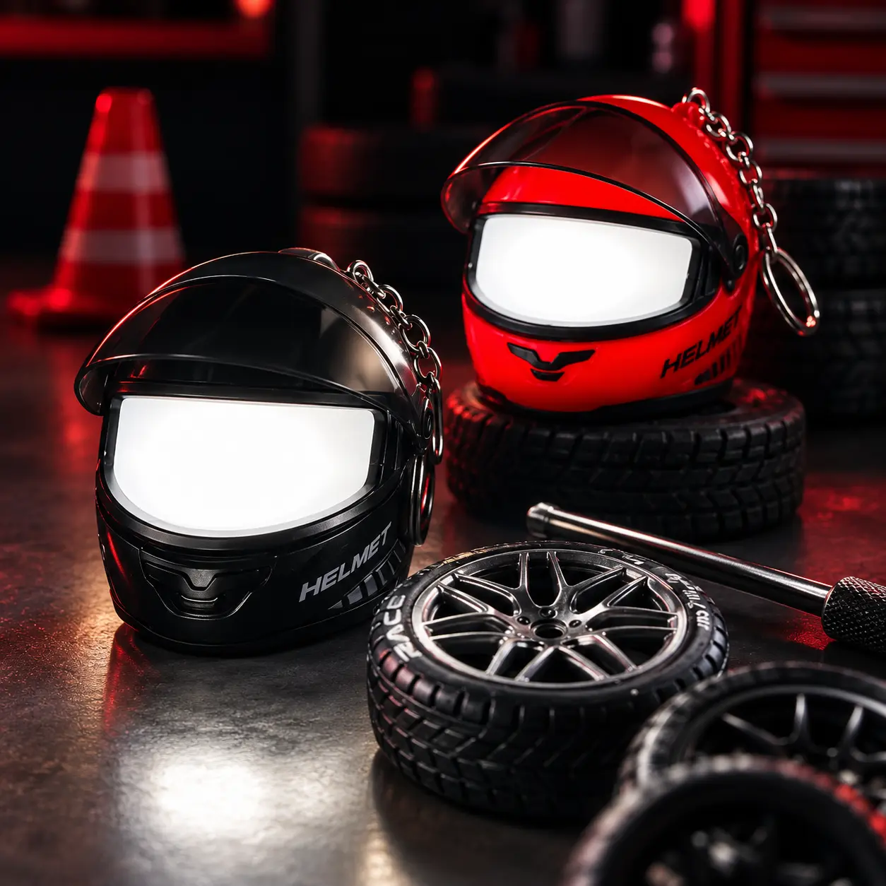 Helmet LED Keychain with Flip-Up Visor – Red & Black - Image 6