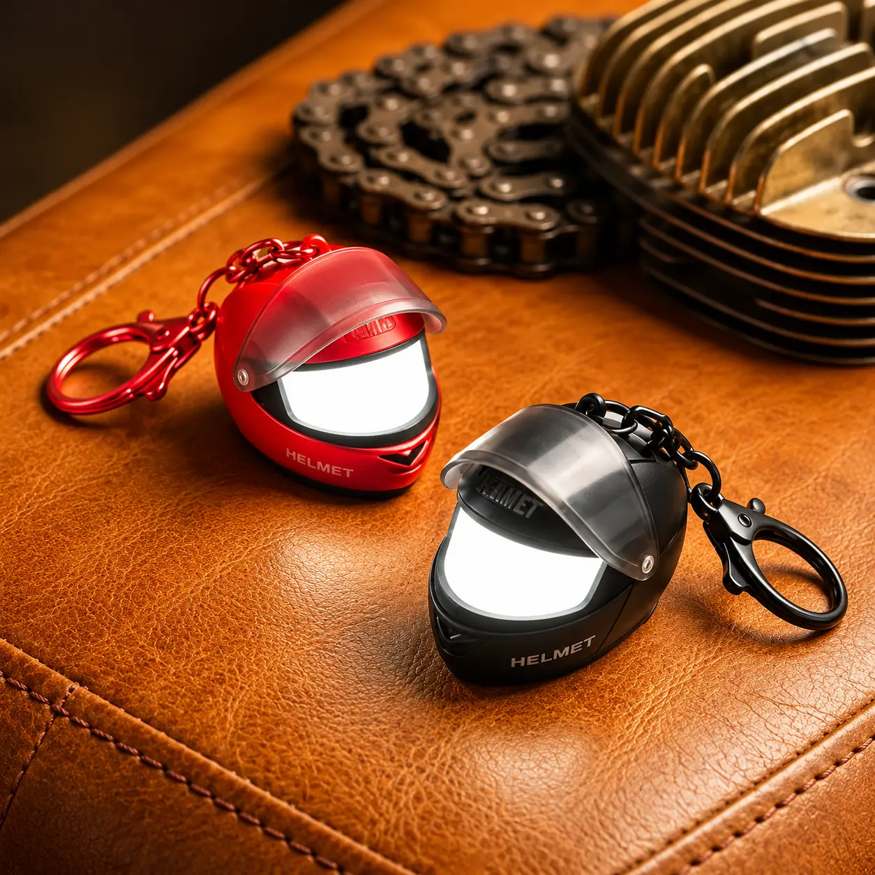 Helmet LED Keychain with Flip-Up Visor – Red & Black